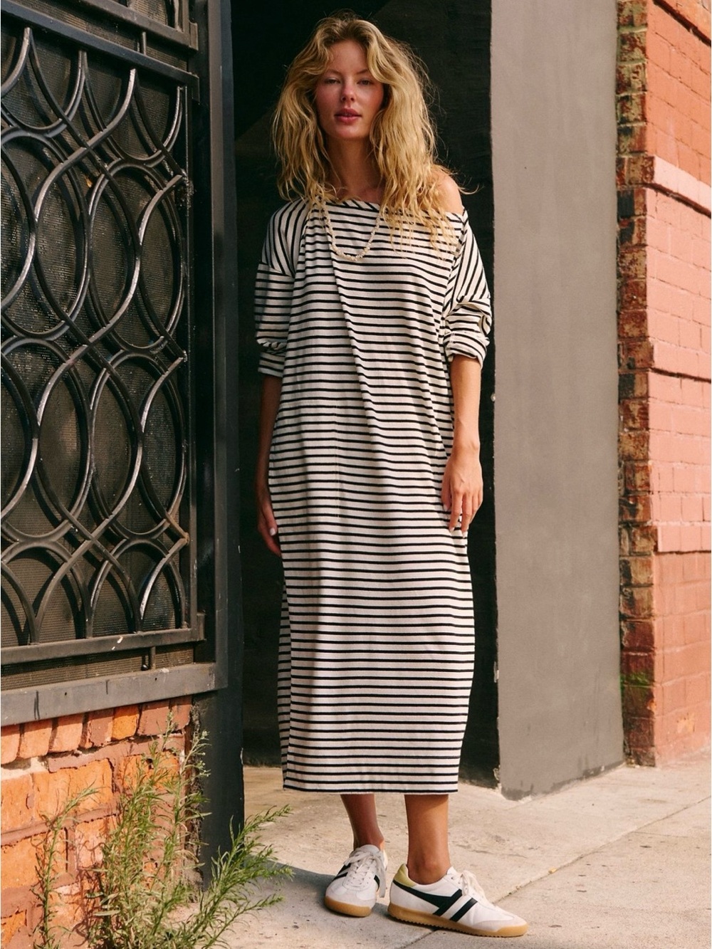 Free People Tivoli Striped Black and White Off-Shoulder Maxi Dress